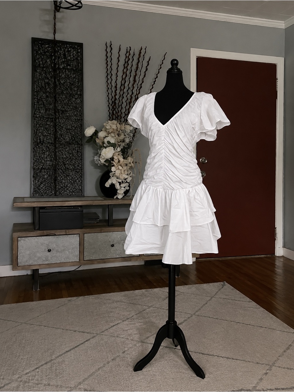 Sexy Cotton Coquette Ruched Tiered Open Back Mini Dress L